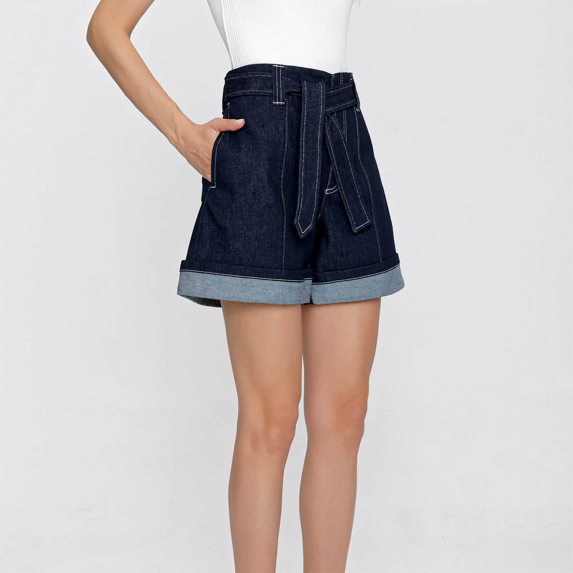 Chloe - Dark Night Blue Cotton Blend Turned Up Hem Wide Leg Denim Shorts With Belt